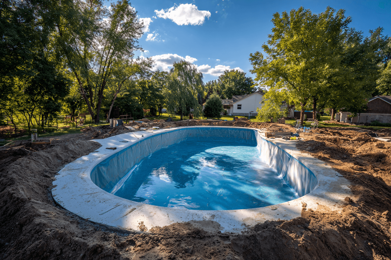 New swimming pool being built in a backyard.